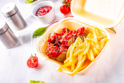 grilled bratwurst with French fries and ketchup