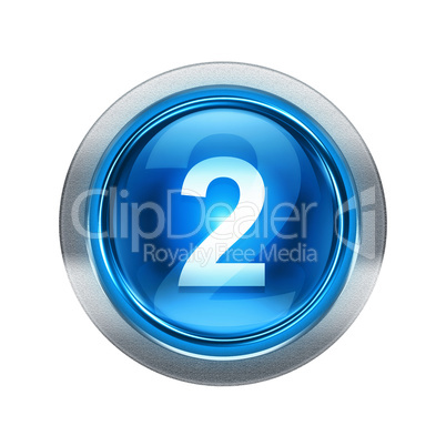 number two icon blue with metallic edging. Isolated on white bac