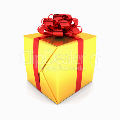 3d render - Golden christmas gift box with red ribbons
