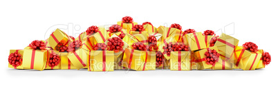 3d render - Golden christmas gift boxes with red ribbons