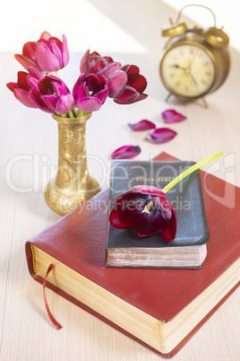 Holy Bible and old gold alarm clock on wood table
