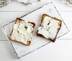 pieces of toasted bread with soft curd