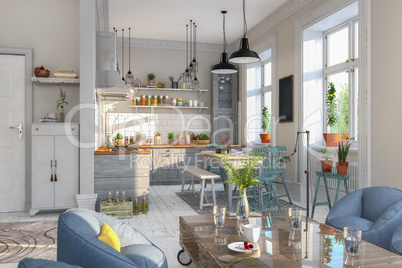 3d render - scandinavian flat - kitchen - dining room