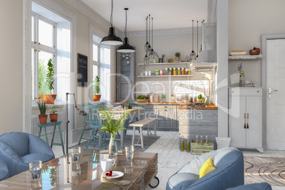 3d render - scandinavian flat - kitchen - dining room