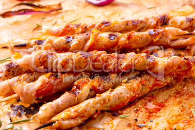 Fresh and crispy rustic pork belly grill sticks