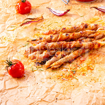 Fresh and crispy rustic pork belly grill sticks