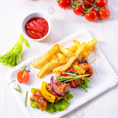 shish kebab skewers with marinated ham meat paprika and red onio