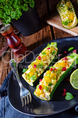 grilled zucchini stuffed with sheep's cheese and paprika.