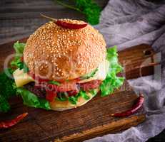 Hamburger with beef, cheese and vegetables