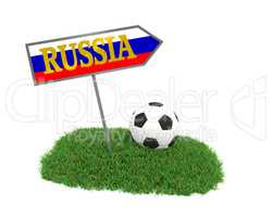 Soccer ball on grass with the flag of Russia