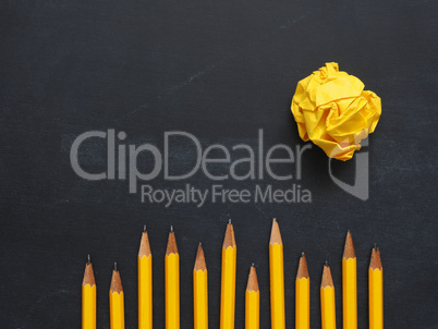 Yellow pencils with crumpled paper on chalkboard