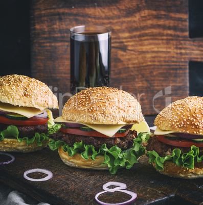 hamburger with beef, onion, tomato, lettuce, cheese and spices