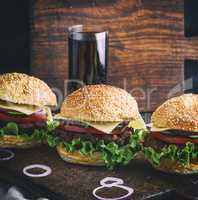 hamburger with beef, onion, tomato, lettuce, cheese and spices