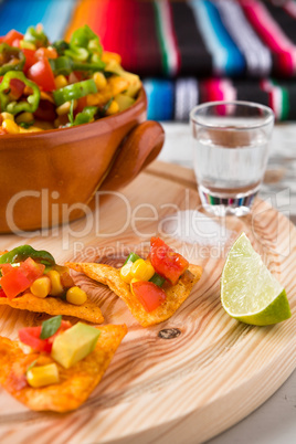 Nachos chips with vegetables tequila lime and salt