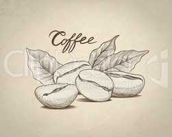 Coffee beans with leaves and handwritten lettering. Dring coffee