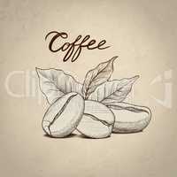 Coffee beans with leaves and handwritten lettering. Dring coffee