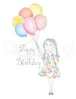 Girl with balloons. Happy birthday Holiday greeting card.