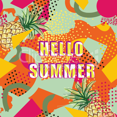 Hello summer card background over abstract blot pattern