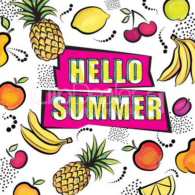 Hello summer card. Tropical fuit set dotted background