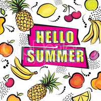 Hello summer card. Tropical fuit set dotted background