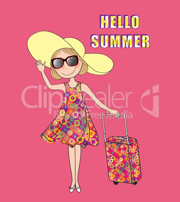 Summer travel background. HELLO SUMMER card, girl, trunk