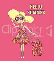 Summer travel background. HELLO SUMMER card, girl, trunk