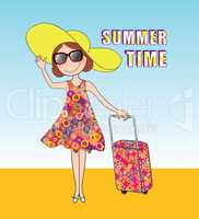 Summer travel background. SUMMER TIME card, girl, luggage