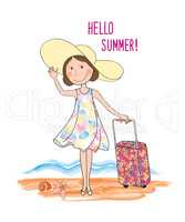 Summer travel card background lettering HELLO SUMMER, girl