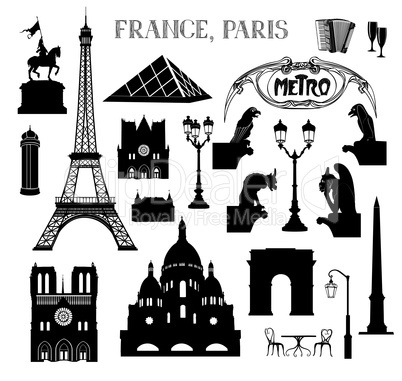 Travel Paris icon set. Famous places of France silhouettes