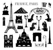 Travel Paris icon set. Famous places of France silhouettes