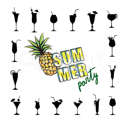 Summer party card background Tropical fruit, cocktail glass set