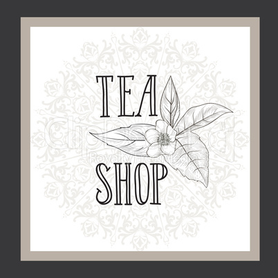 Green tea herb label. Lettering TEA, leaves , flower, Floral background