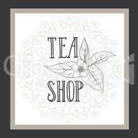 Green tea herb label. Lettering TEA, leaves , flower, Floral background