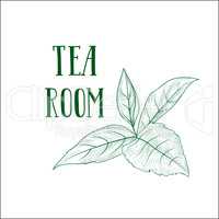 Green tea tree branch herb label. Lettering TEA ROOM, leaves