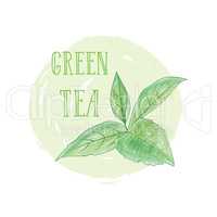 Tea leaves herb label with lettering GREEN TEA.