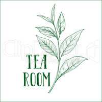 Green tea tree branch herb label with leaves and lettering TEA ROOM.