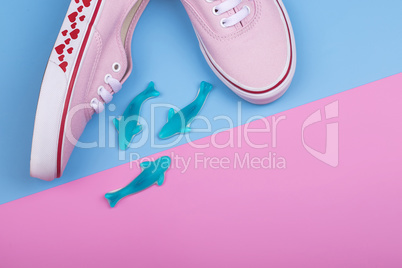 Fashion Trendy Sneakers with Heart. Pastel Pink Blue Color. Jellies candies sharks. Valentines day concept
