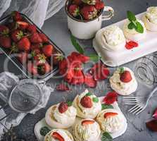 baked meringue with cream and fresh strawberries