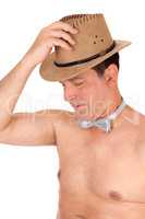 Middle age man shirtless with hat