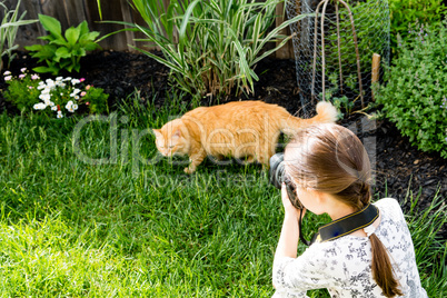 A girl takes pictures of a cat