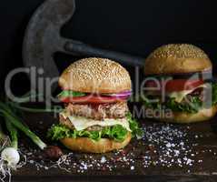 double burger with vegetables and cheese