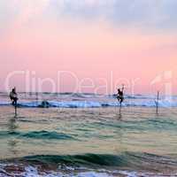 Traditional stilt fishermen in Sri Lanka.