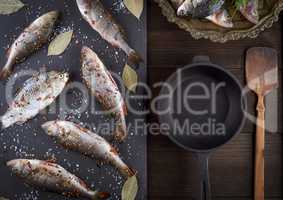 river fish on a black board and a black cast-iron frying pan