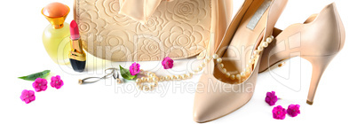 Elegant set of accessory for women.Wide photo.