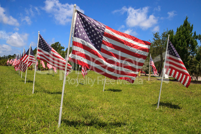 Patriotic display of multiple large American flags