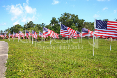 Patriotic display of multiple large American flags