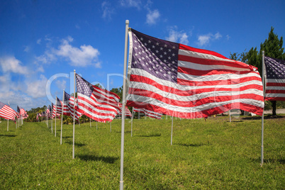 Patriotic display of multiple large American flags