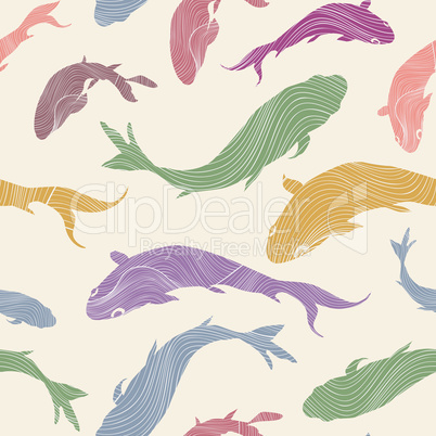 Fish silhouette seamless pattern Underwater marine background