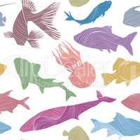 Fish silhouette seamless pattern Underwater marine background