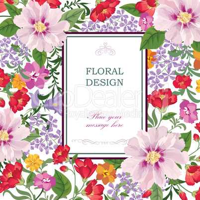 Floral frame Summer greeting card. Flower bouquet background